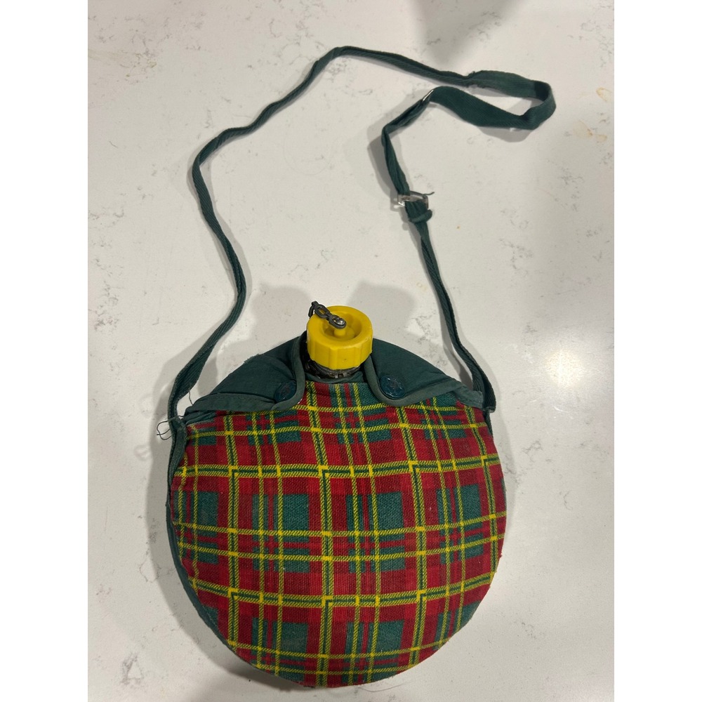 Vintage Girl Scout Canteen Water Bottle Tartan Plaid‎ Green Strap Yellow Cap